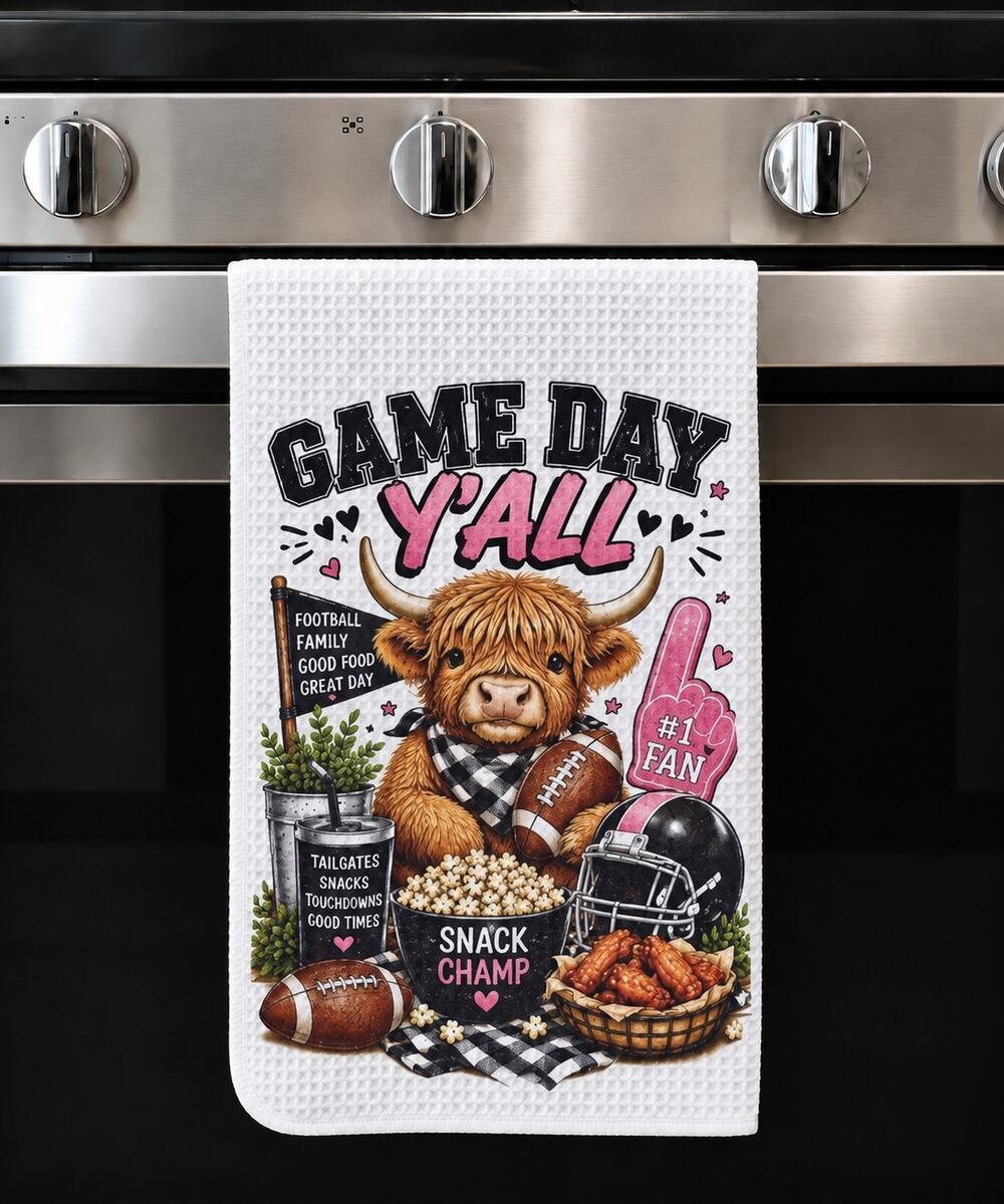 Highland Cow Game Day Kitchen Towel Football Y'all Sports Fan Gift
